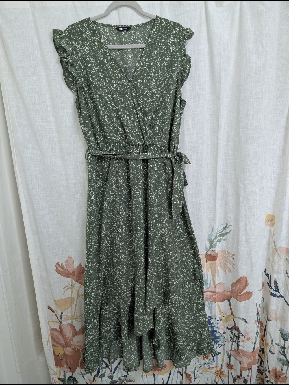 BTFBM Green Floral Wrap Midi Dress XL Ruffle Sleeve Tie Waist